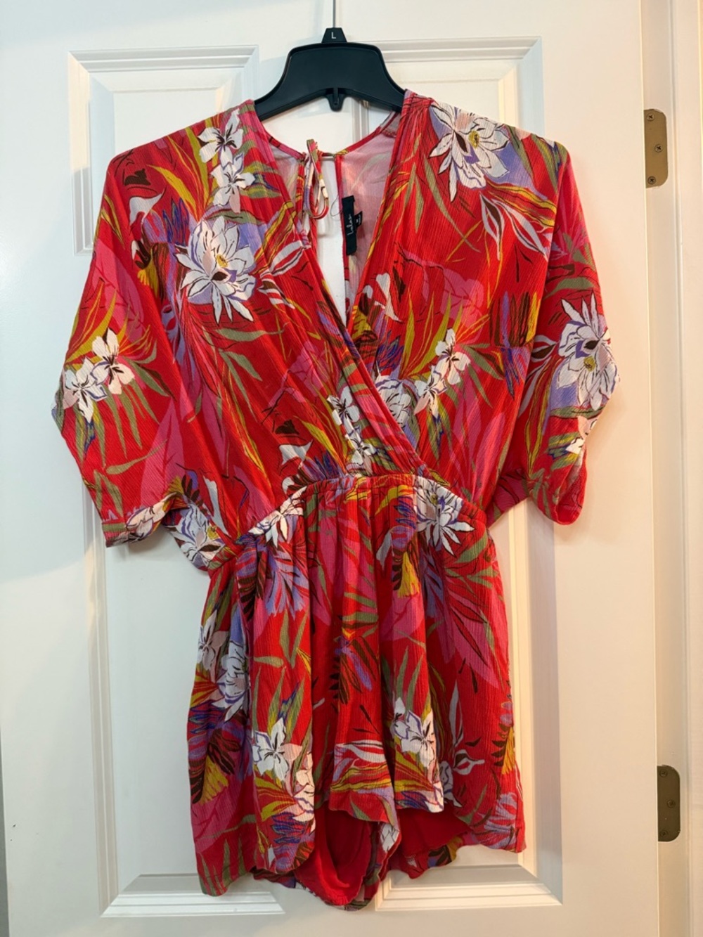 Lulu's Red Floral Wrap-Style Short Sleeve Tunic
